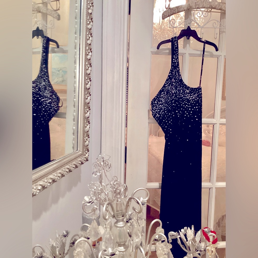 Beautiful velvet off the shoulder gown with sparkles